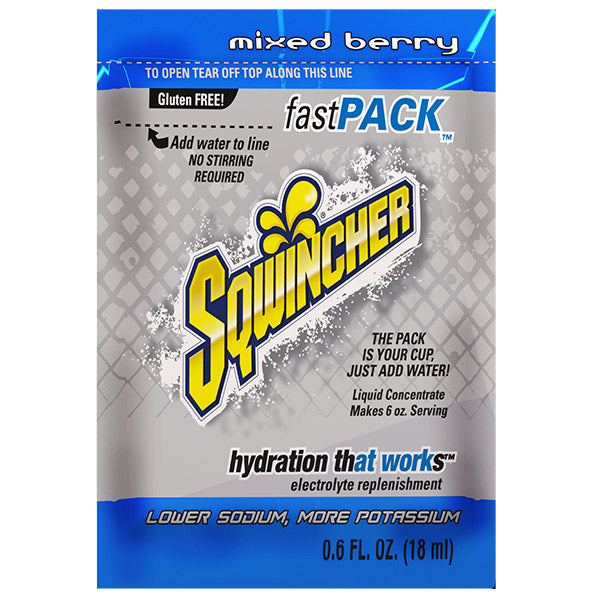 Sqwincher® FastPack® Single Serve, 0.6 oz Packs, 6 oz Yield, Mixed Berry, 4 Boxes/50 Each