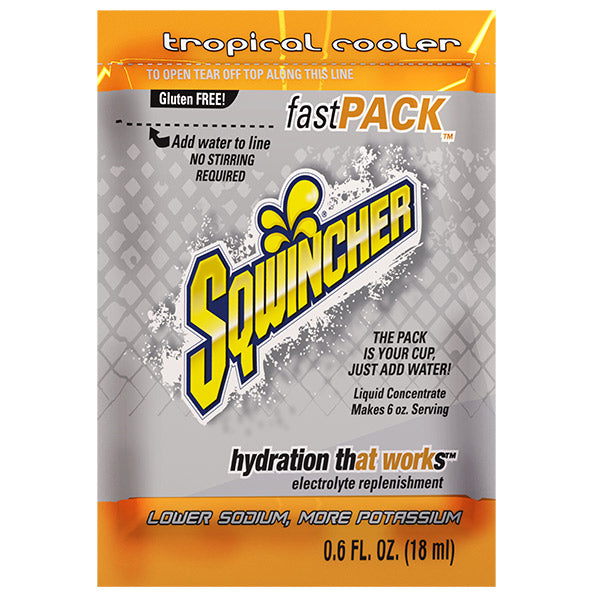 Sqwincher® FastPack® Single Serve, 0.6 oz Packs, 6 oz Yield, Tropical Cooler, 4 Boxes/50 Each