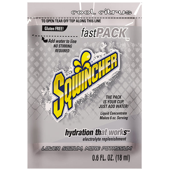 Sqwincher® FastPack® Single Serve, 0.6 oz Packs, 6 oz Yield, Cool Citrus, 4 Boxes/50 Each