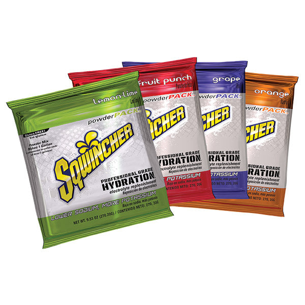 Sqwincher® Regular Powder Packs, 9.53 oz Packs, 1 gal Yield, Assorted Flavors, 4 Boxes/20 Each