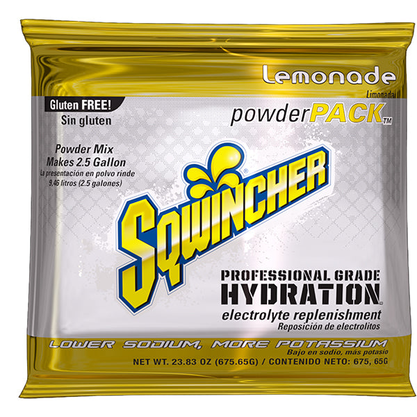Sqwincher® Regular Powder Packs, 23.83 oz Packs, 2.5 gal Yield, Lemonade, 32/Case