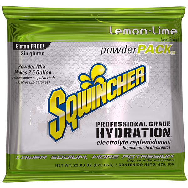 Sqwincher® Regular Powder Packs, 23.83 oz Packs, 2.5 gal Yield, Lemon-Lime, 32/Case