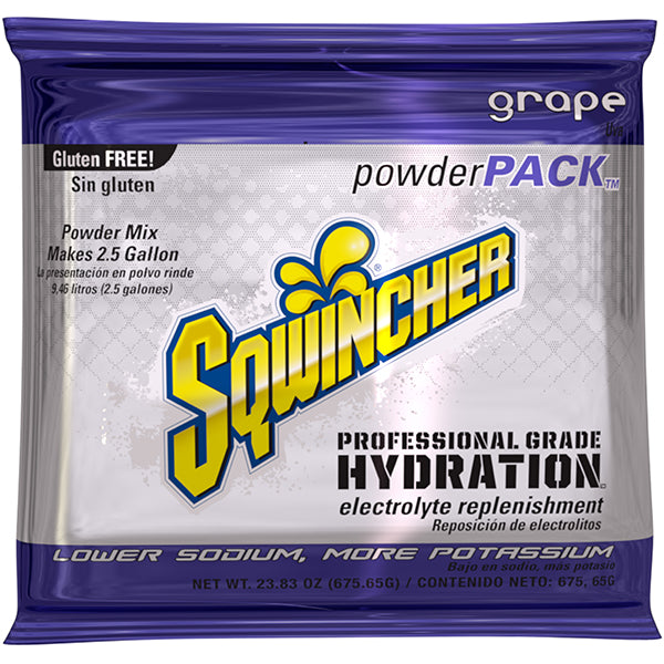 Sqwincher® Regular Powder Packs, 23.83 oz Packs, 2.5 gal Yield, Grape, 32/Case