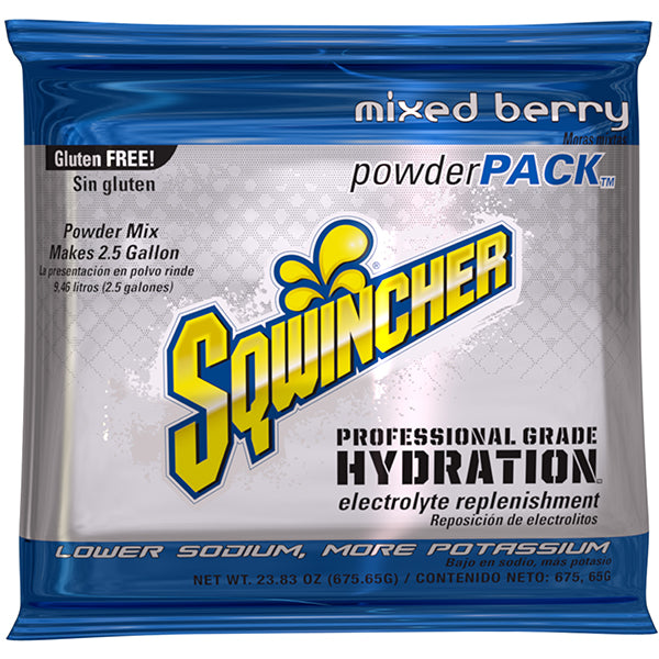 Sqwincher® Regular Powder Packs, 23.83 oz Packs, 2.5 gal Yield, Mixed Berry, 32/Case