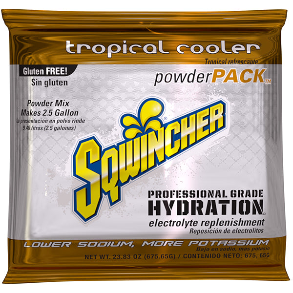 Sqwincher® Regular Powder Packs, 23.83 oz Packs, 2.5 gal Yield, Tropical Cooler, 32/Case