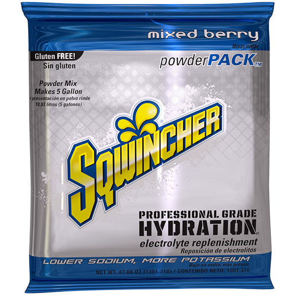Sqwincher® Regular Powder Packs, 47.66 oz Packs, 5 gal Yield, Mixed Berry, 16/Case