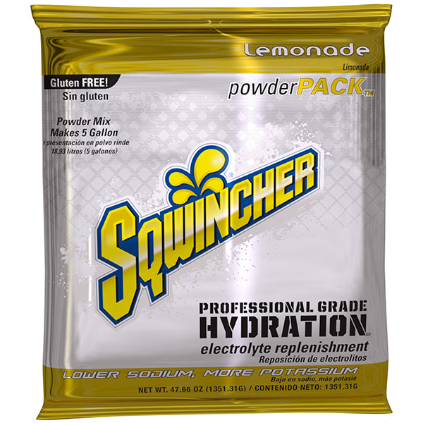 Sqwincher® Regular Powder Packs, 47.66 oz Packs, 5 gal Yield, Lemonade, 16/Case