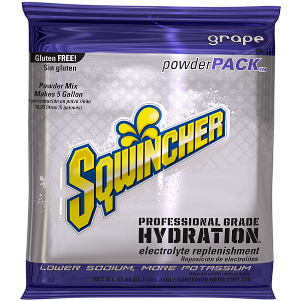 Sqwincher® Regular Powder Packs, 47.66 oz Packs, 5 gal Yield, Grape, 16/Case