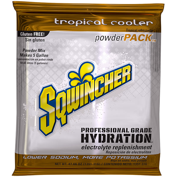 Sqwincher® Regular Powder Packs, 47.66 oz Packs, 5 gal Yield, Tropical Cooler, 16/Case