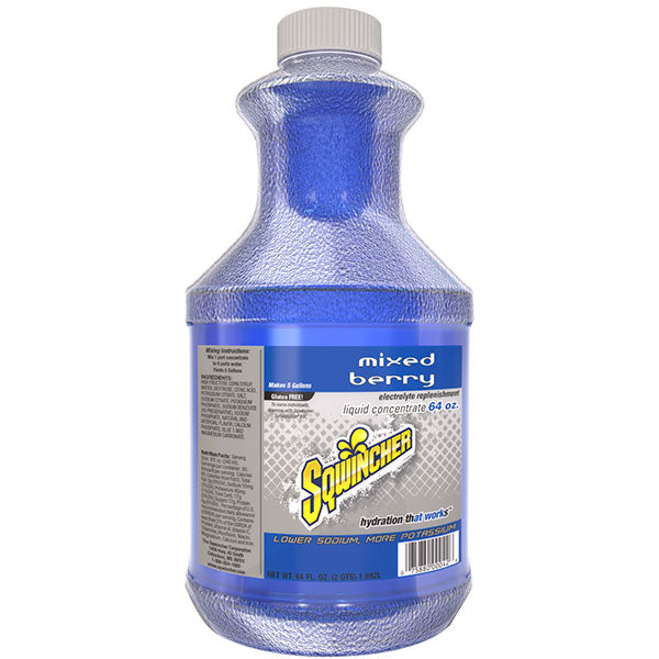 Sqwincher® Regular Liquid Concentrate, 64 oz Bottle, 5 gal Yield, Mixed Berry, 6/Case