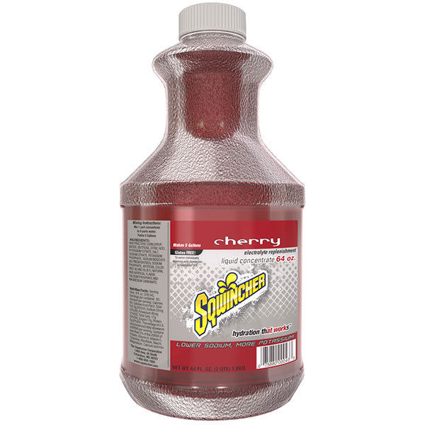 Sqwincher® Regular Liquid Concentrate, 64 oz Bottle, 5 gal Yield, Cherry, 6/Case