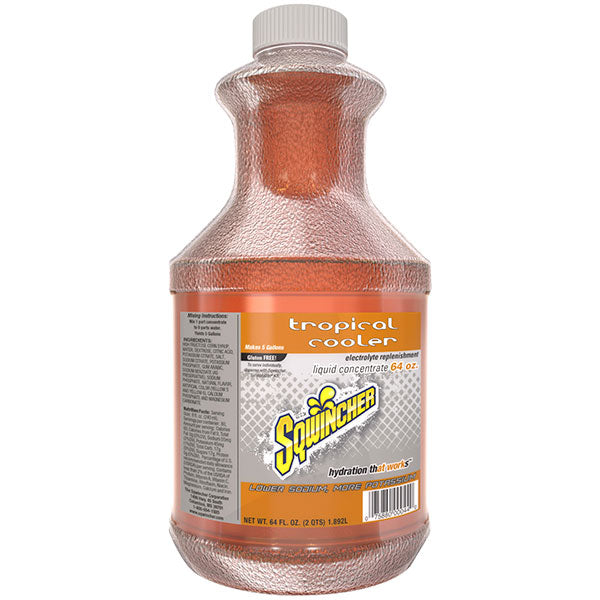 Sqwincher® Regular Liquid Concentrate, 64 oz Bottle, 5 gal Yield, Tropical Cooler, 6/Case