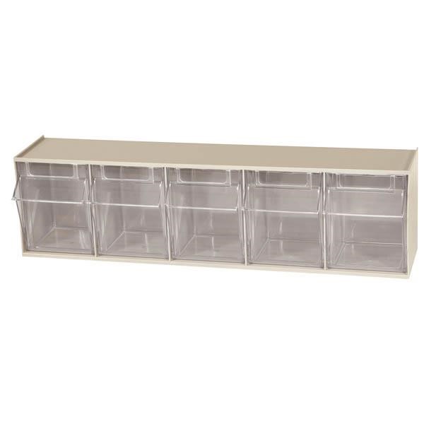 Akro-Mils® Tiltview® Bins Cabinet System, 5 Bin, 5 3/8"L x 6 1/2"H x 23 5/8"W, Clear/Stone, 1/Each