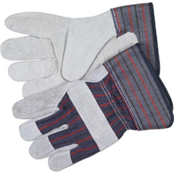 MCR Safety® Industry Standard Leather Palm Gloves, Economy Grade, 2 1/2" Rubberized Cuffs, Large, Striped/Gray, 12/Pair