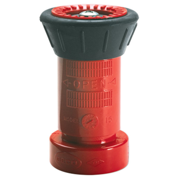 Adjustable Polycarbonate Fire Hose Nozzle, 1 1/2" NST, Fog/Stream/Shutoff, 78 gpm, Red, 1/Each
