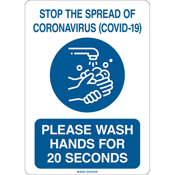 Brady® "Stop the Spread of Coronavirus (COVID-19)..." Sign, Self-Sticking Polyester, 10" x 7",  Blue/White, 1/Each