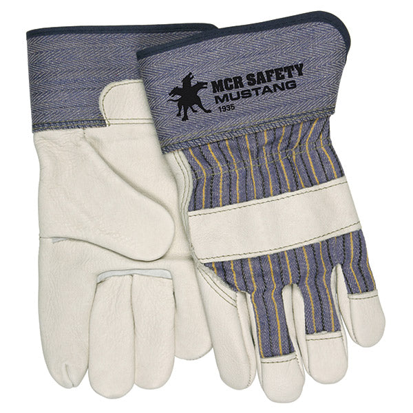 MCR Safety® Mustang™ Leather Palm Gloves, Large, Blue Striped/Natural, 12/Pair