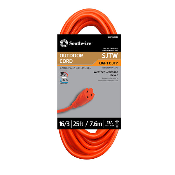 Southwire® Vinyl SJTW Outdoor Extension Cord, 16/3 ga, 13 A, 25', Orange, 1/Each