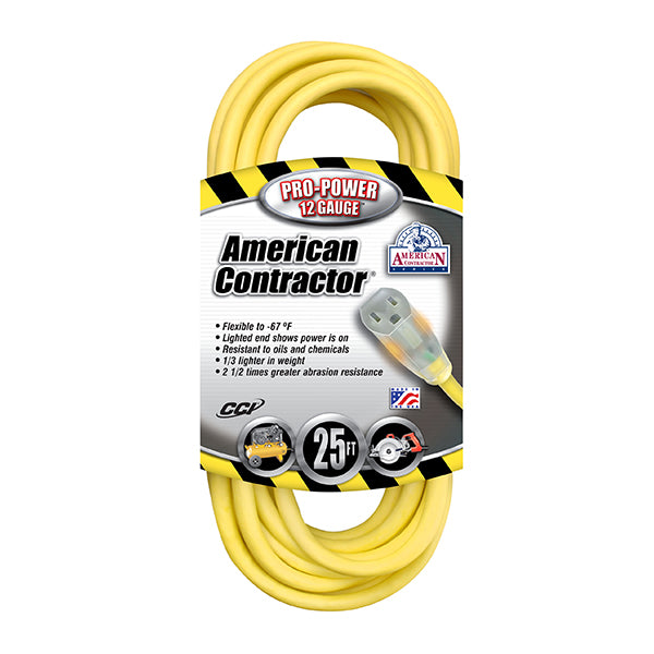 Southwire® Vinyl SJTW Outdoor Extension Cord w/ Lighted End, 12/3 ga, 15 A, 25', Yellow, 1/Each
