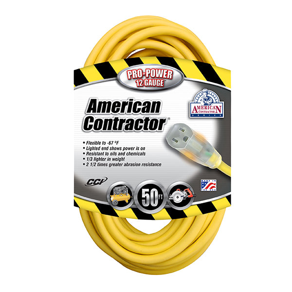 Southwire® Vinyl SJTW Outdoor Extension Cord w/ Lighted End, 12/3 ga, 15 A, 50', Yellow, 1/Each