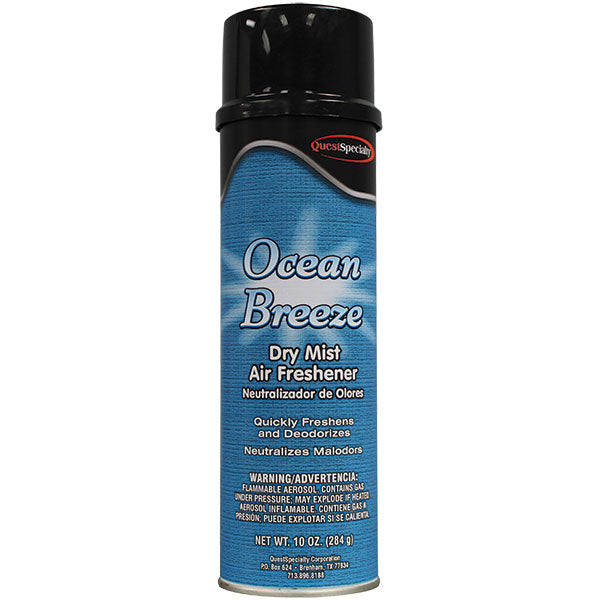 QuestSpecialty® Dry Mist Air Freshener, Ocean Breeze, 10 oz Aerosol, 12/Case