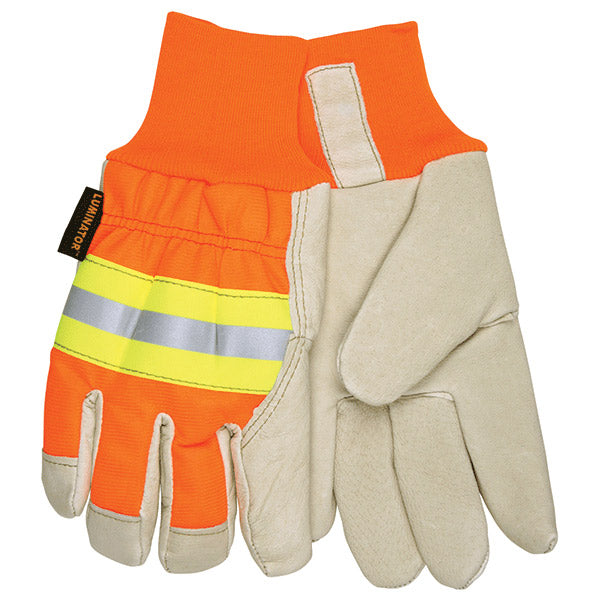 MCR Safety® Luminator™ Thermosock® Lined Pigskin Leather Palm Gloves, Large, Orange/Natural, 12/Pair