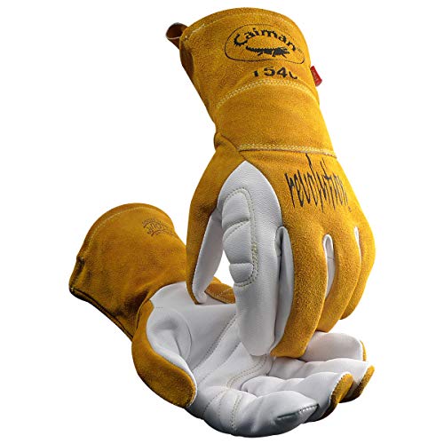 Caiman White/Gold Goat Grain Kontour Welding Gloves Arched Wrist Unlined Palm with Insulated Back/Padded Palm/Reinforced Side, XL