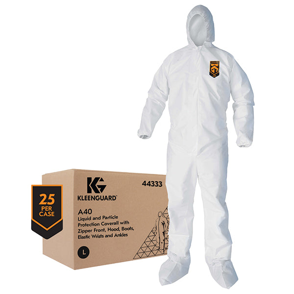 KleenGuard* A40 Liquid & Particle Protection Coveralls w/ Hood, Boots, & Elastic Wrists, Large, White, 25/Case
