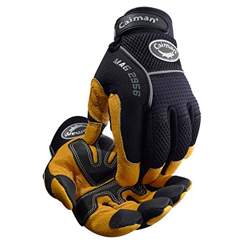 Caiman 2956-5 Large Pig Grain Leather Multi Activity Glove with G Grip Patches on Palm and Finger Tips, Gold and Black