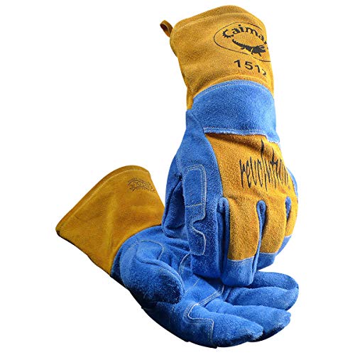 Caiman Blue/Gold Cowhide, Kontour Welding Gloves, Arched Wrist, Wool Insulated, Reinforced Palm & Index, One Size, Model:1512