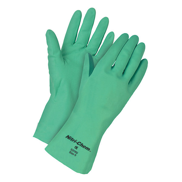 MCR Safety® Nitri-Chem® Unsupported Nitrile Gloves, 15 mil, Flock Lined, Large, Green, 12/Pair