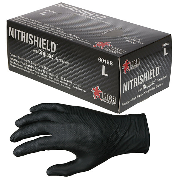 MCR Safety® NitriShield® Grippaz™ Disposable Nitrile Gloves, Powder-Free, 6 mil, Large, Black, 10 Boxes/100 Each