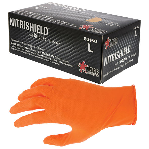 MCR Safety® NitriShield® Grippaz™ Disposable Nitrile Gloves, Powder-Free, 6 mil, X-Large, Orange, 10 Boxes/100 Each