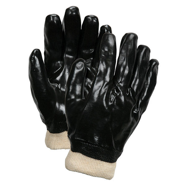 MCR Safety® Industrial Grade Supported PVC Gloves, Single Dipped, Smooth Finish, CE EN388 4111 Knit Wrists, Large, Black, 12/Pair