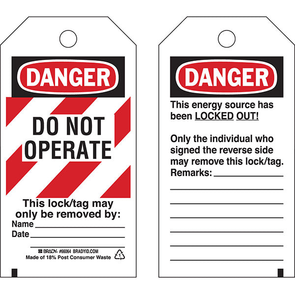 Brady® Lockout Tags, Danger: "Do Not Operate", Striped Cardstock, 5 3/4" x 3", Red/Black/White, 25/Pkg