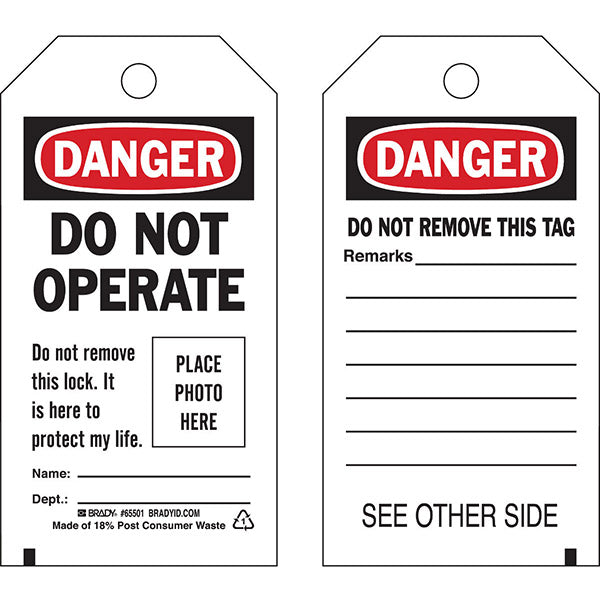 Brady® Lockout Tags, Danger: "Do Not Operate...Place Photo Here", Economy Polyester, 5 3/4" x 3", Red/Black/White, 10/Pkg