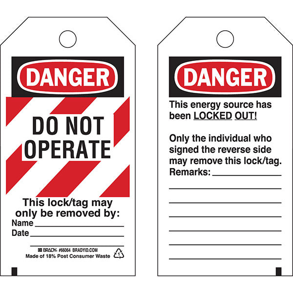 Brady® Lockout Tags, Danger: "Do Not Operate" Striped Heavy-Duty Polyester, 5 1/2" x 3", Red/Black/White, 25/Pkg