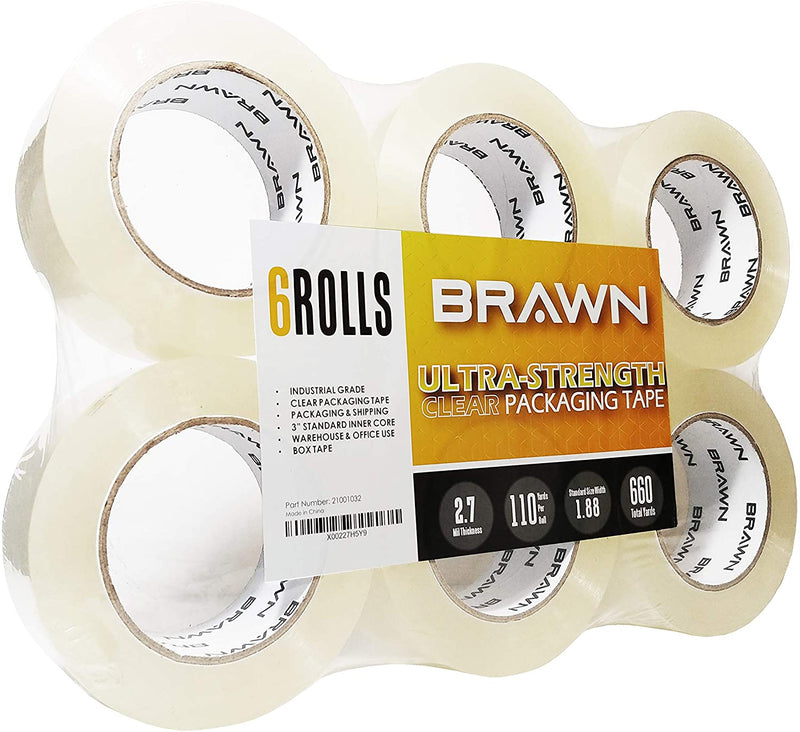 Brawnco 2.7 mil Ultra-Strength Clear Packing Tape, 6 Rolls x 110 Yards, 2 inch Wide fit for Packaging, Carton Sealing, and Shipping