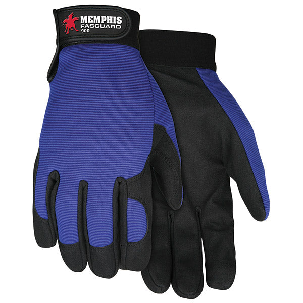 MCR Safety® Mechanics Clarino® Synthetic Leather Palm Gloves, ANSI Abrasion 3, Puncture 2, Contact Heat 2, Large, Blue/Black, 1/Pair