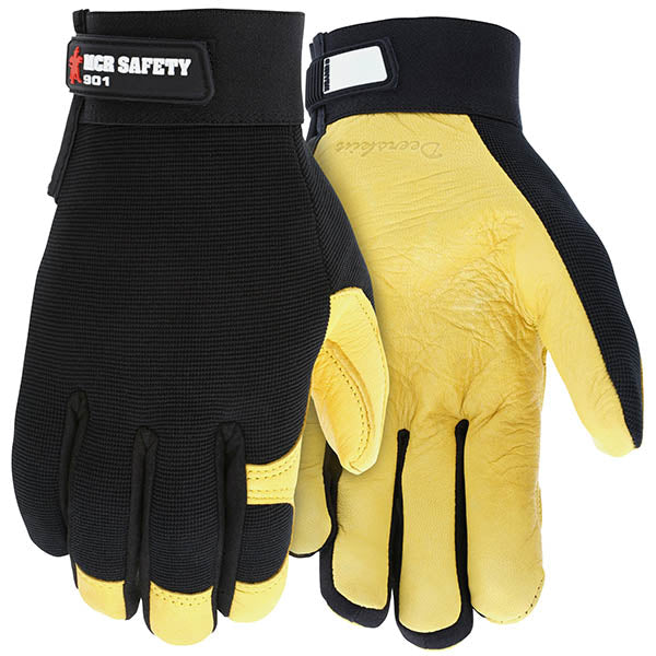 MCR Safety® Mechanics Deerskin Leather Palm Gloves, ANSI Abrasion 3, Puncture 4, Contact Heat 2, Large, Gold/Black, 1/Pair