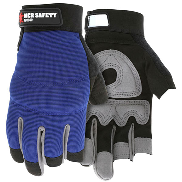 MCR Safety® Mechanics 3 Fingerless Padded Palm Gloves, Large, Blue/Black, 1/Pair