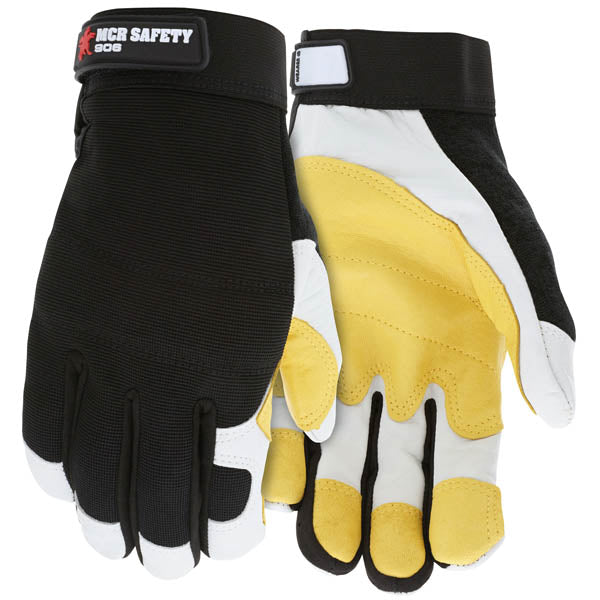 MCR Safety® Mechanics Goatskin Leather Double Palm Gloves, ANSI Abrasion 4, Puncture 3, Contact Heat 4, X-Large, Yellow/Black, 1/Pair