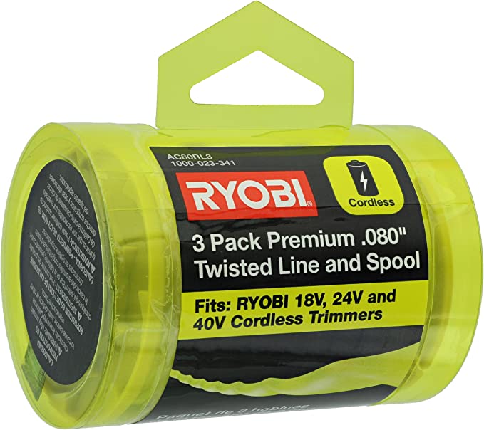 Ryobi One PLUS+ AC80RL3 OEM .080 Inch Twisted Line and Spool Replacement for Ryobi 18v, 24v, and 40v Cordless Trimmers (3 Pack)