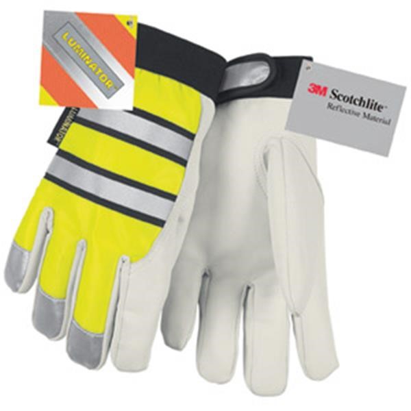 MCR Safety® Luminator™ Thermosock® Lined Goatskin Leather Multi-Task Gloves, Large, White/Hi-Vis Lime, 1/Pair