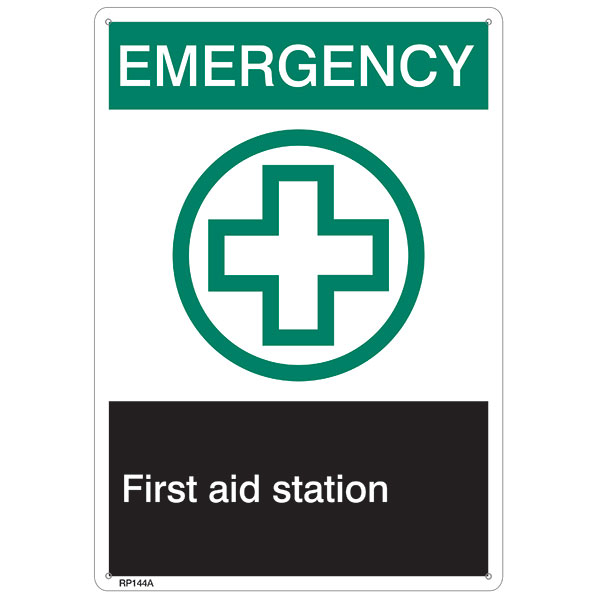ANSI Z535 Rigid Plastic "Emergency First Aid…" Sign, 1/Each