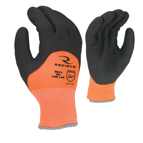 Radians® Latex Coated Cold Weather Gloves, Large, Hi-Vis Orange/Black, 1/Pair