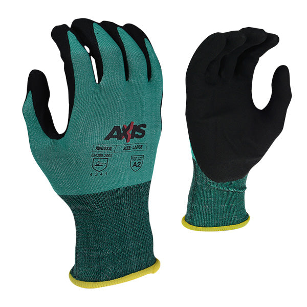 Radians® AXIS™ Cut Protection Level A2 Foam Nitrile Coated Gloves, Large, Green/Black, 1/Pair