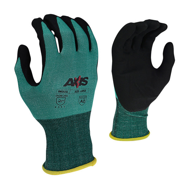 Radians® AXIS™ Cut Protection Level A2 Foam Nitrile Coated Gloves, 2X-Large, Green/Black, 1/Pair