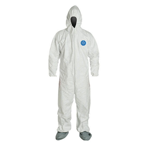 DuPont™ Tyvek® 400 Coveralls w/ Respirator Fit Hood, Elastic Wrists, & Attached Skid-Resistant Boots, 3X-Large, White, 25/Case